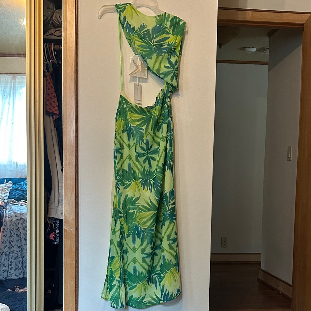 One Shoulder Tropical Leaf Print Dress